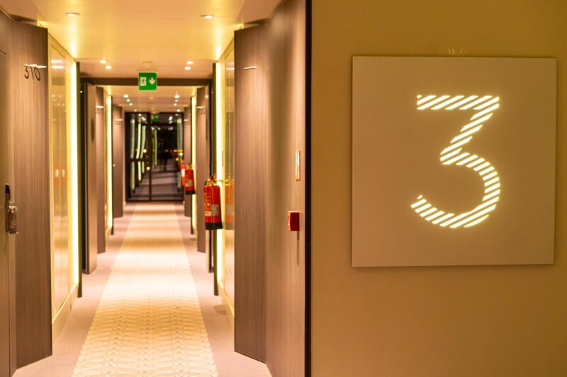 a hallway with the number 3 on the wall