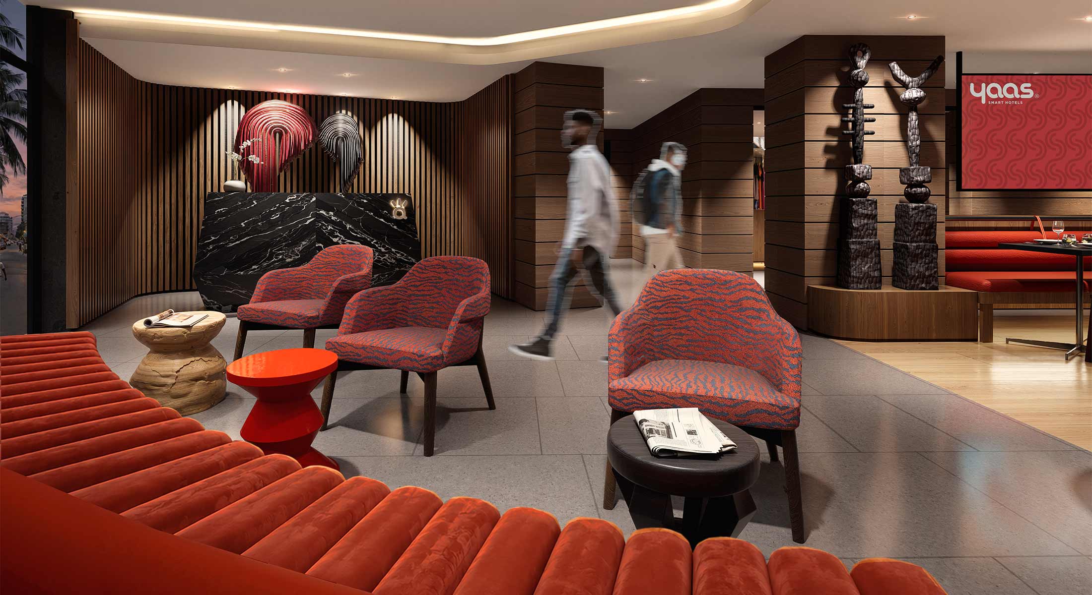 Modern hotel lobby with red-orange seating, wood accents, and reception desk.