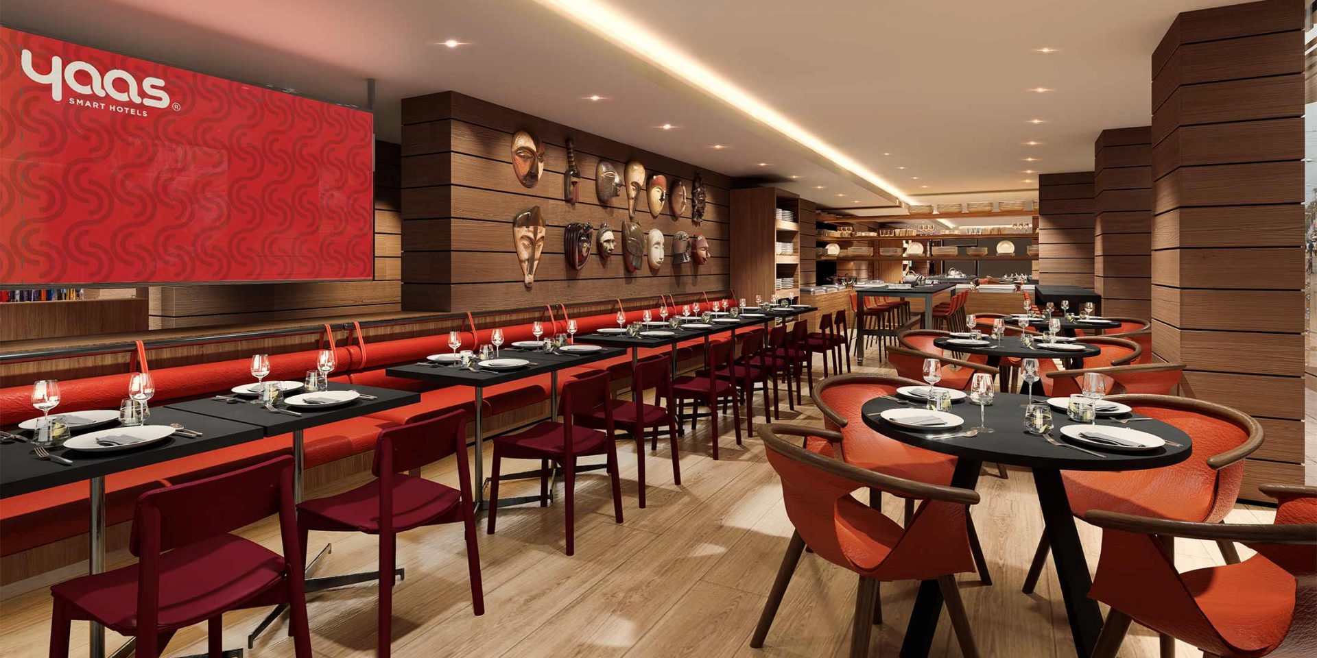 Modern hotel restaurant with red chairs, tables, and African masks on wooden walls.