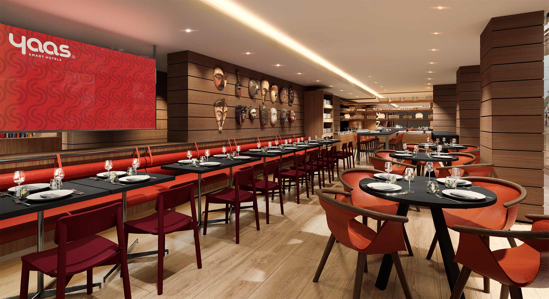 Modern hotel restaurant with red chairs, tables, and African masks on wooden walls.