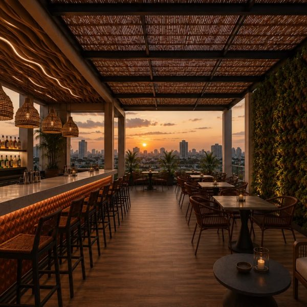 Modern rooftop bar and terrace overlooking a city skyline at sunset.