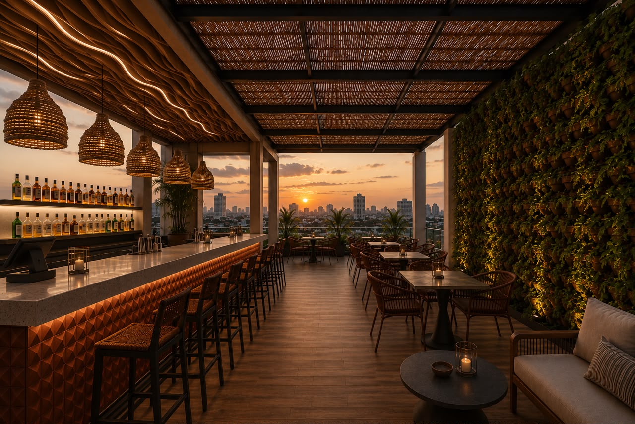 Modern rooftop bar and terrace overlooking a city skyline at sunset.