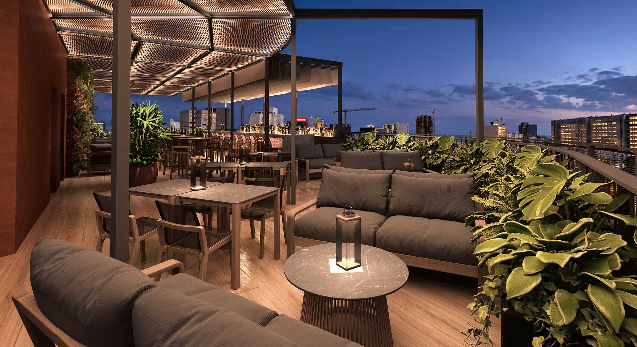 Modern rooftop terrace lounge with seating and city views at dusk.