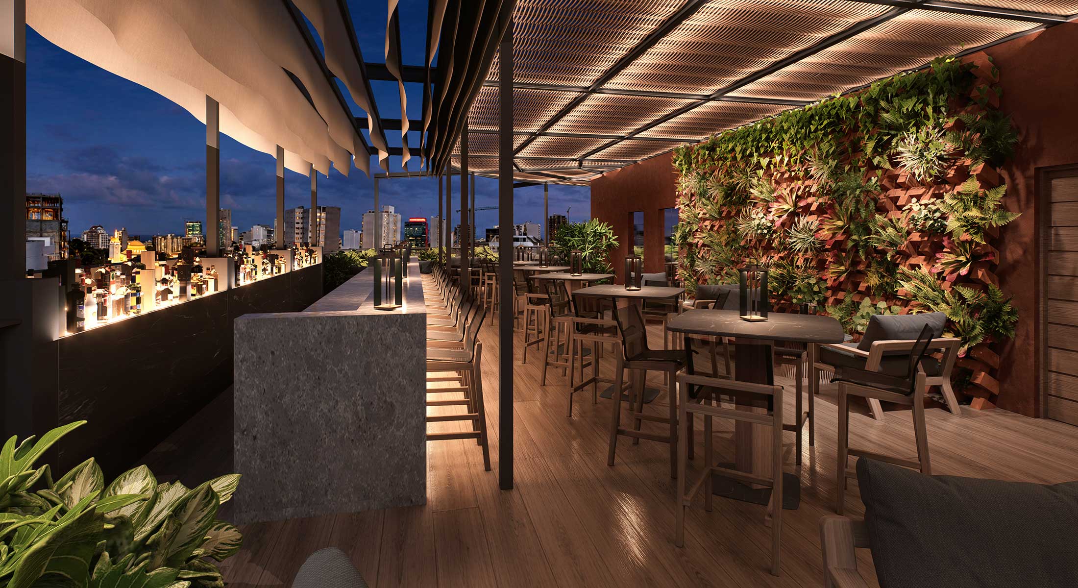 Modern rooftop bar with seating, a living plant wall, and city views at dusk.