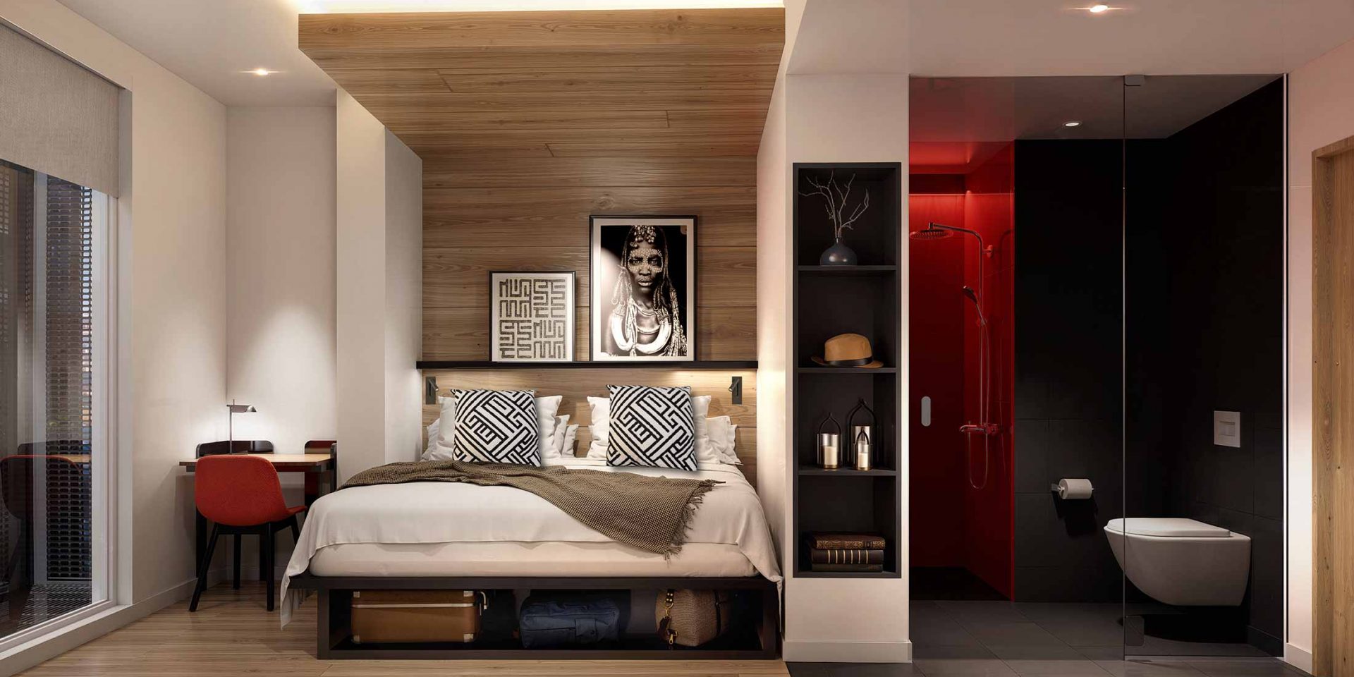 Chambre d'hôtel moderne dotée d'un coin lit lambrissé et d'une salle de bains attenante.