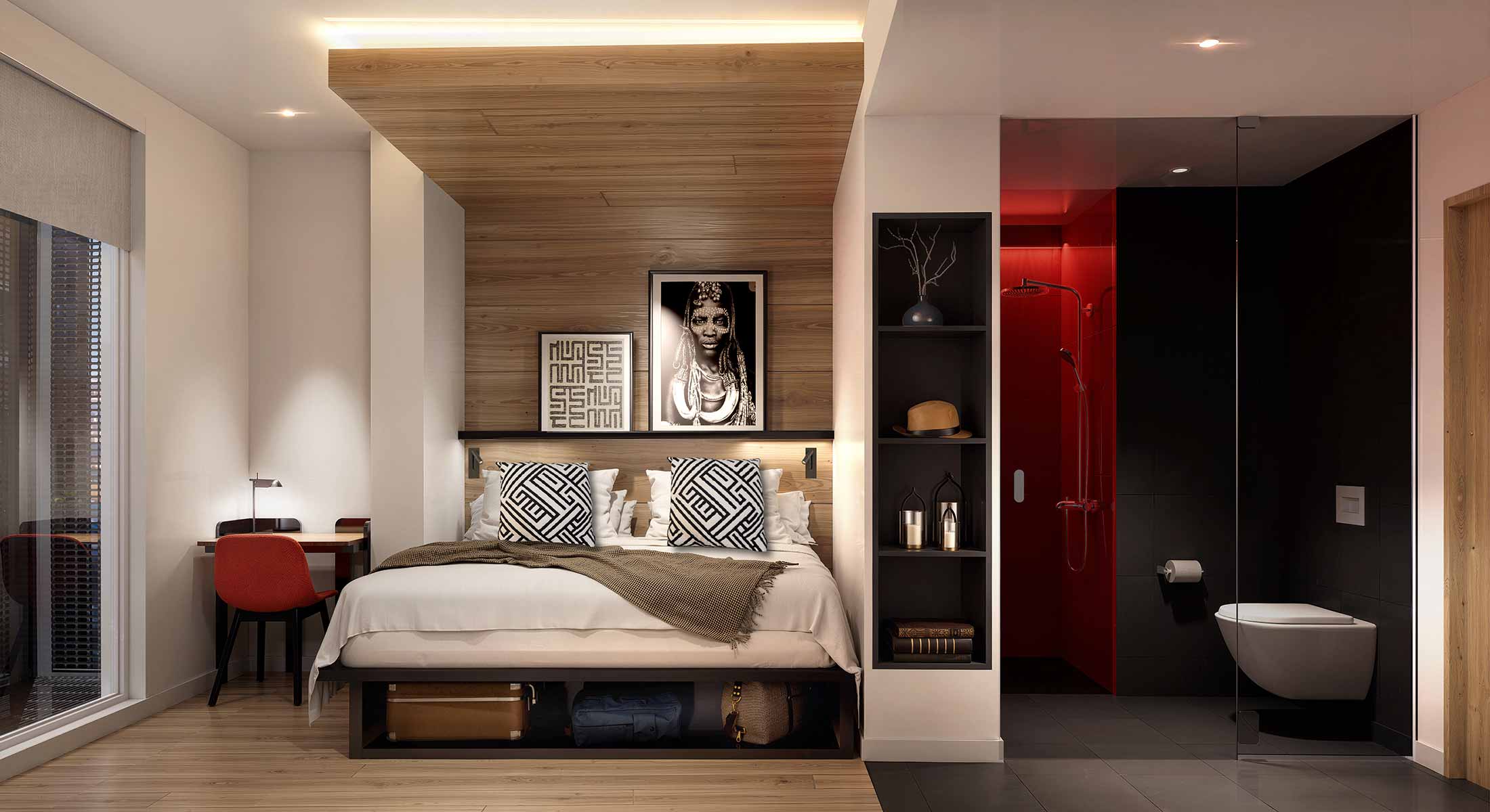 Modern hotel room with a wood-paneled bed alcove and an adjoining bathroom.